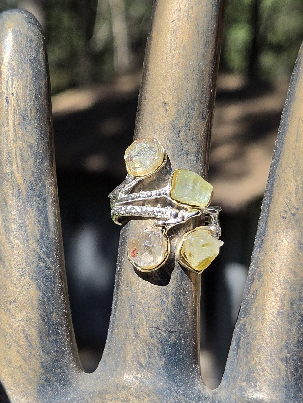 Tourmaline Natural Raw Gemstone Sterling & White Gold Ring Sz8 - Picture 3 of 10